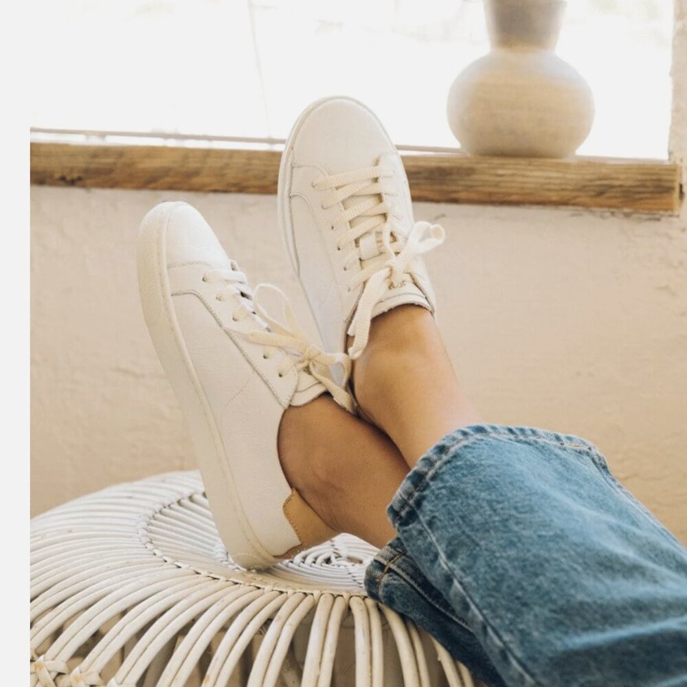 Soludos White Leather Sneakers with Tan Heel Accent - Picture 2 of 14